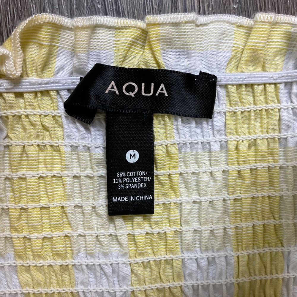 AQUA Gingham Smocked‎ Tiered Tie Shoulder Bows Dress Womens Medium Yellow White - Picture 4 of 8